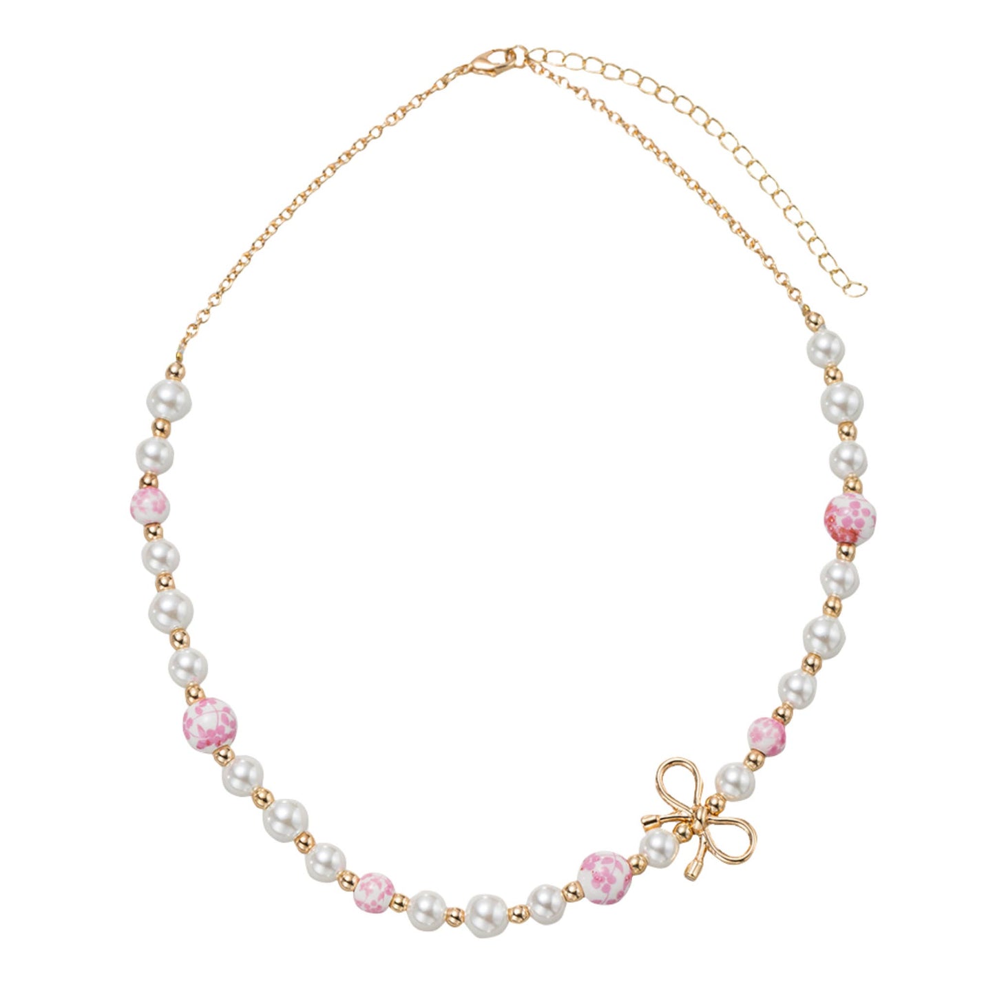 Kids Pearl, Pink Floral Bead Necklace with Gold Bow in Body