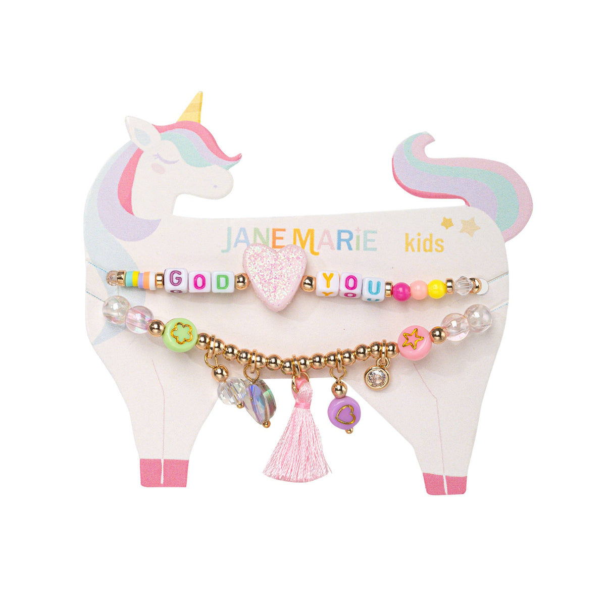 Kids Set of 2, Charm Beaded Bracelet with "God Loves You"