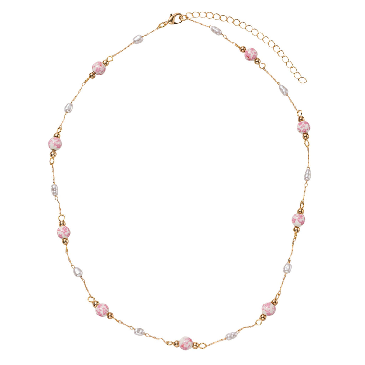 Pink Floral Bead and Pearl Stations Paperclip Necklace