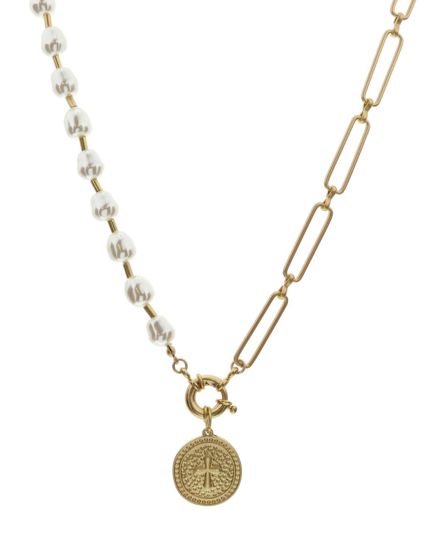 16" Chain & Pearl with Circle with Raised Cross Necklace