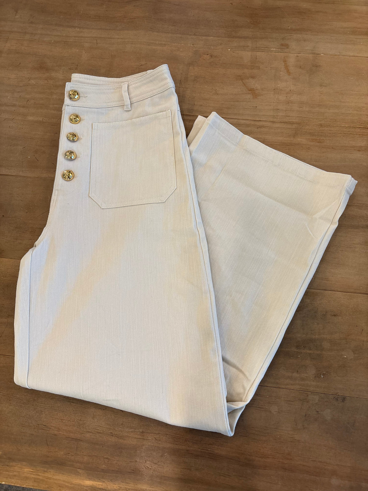 The Kensington Gold Button Wide Leg Pants – Ivory