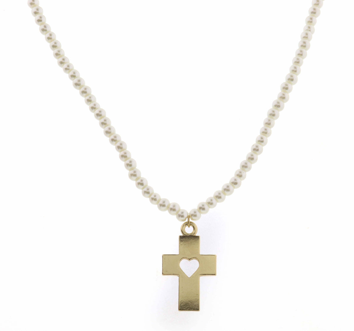 Kids 14" Pearl Body with Cutout Heart Center Cross Necklace