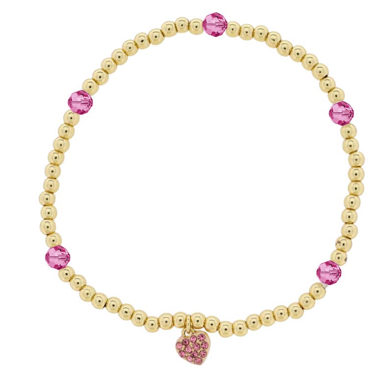 Kids 18K Gold Plated Pink Beaded Stretch Bracelet with Heart