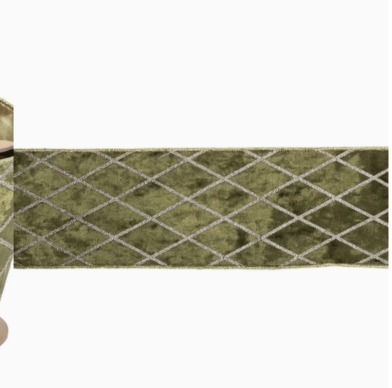 4" Wired Velvet Ribbon | Green with Glittered Diamond | 10 Yard Roll