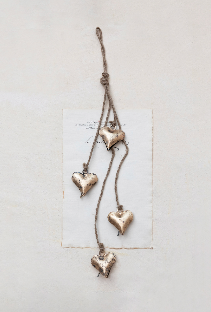 Metal Hearts on Jute Rope, Antique Brass Finish