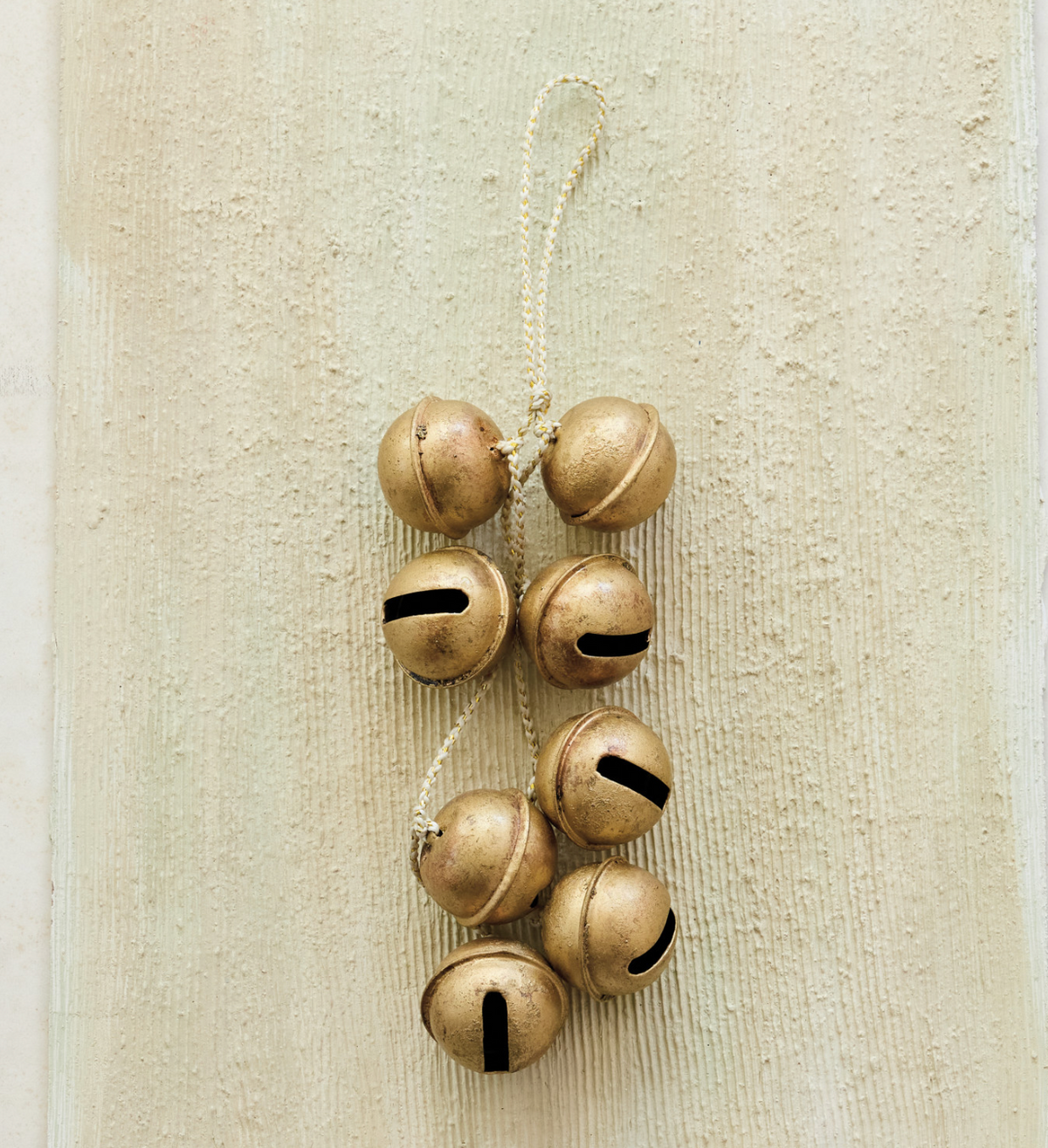 Hanging Metal Jingle Bell Cluster with White & Gold Cord, Gold Finish