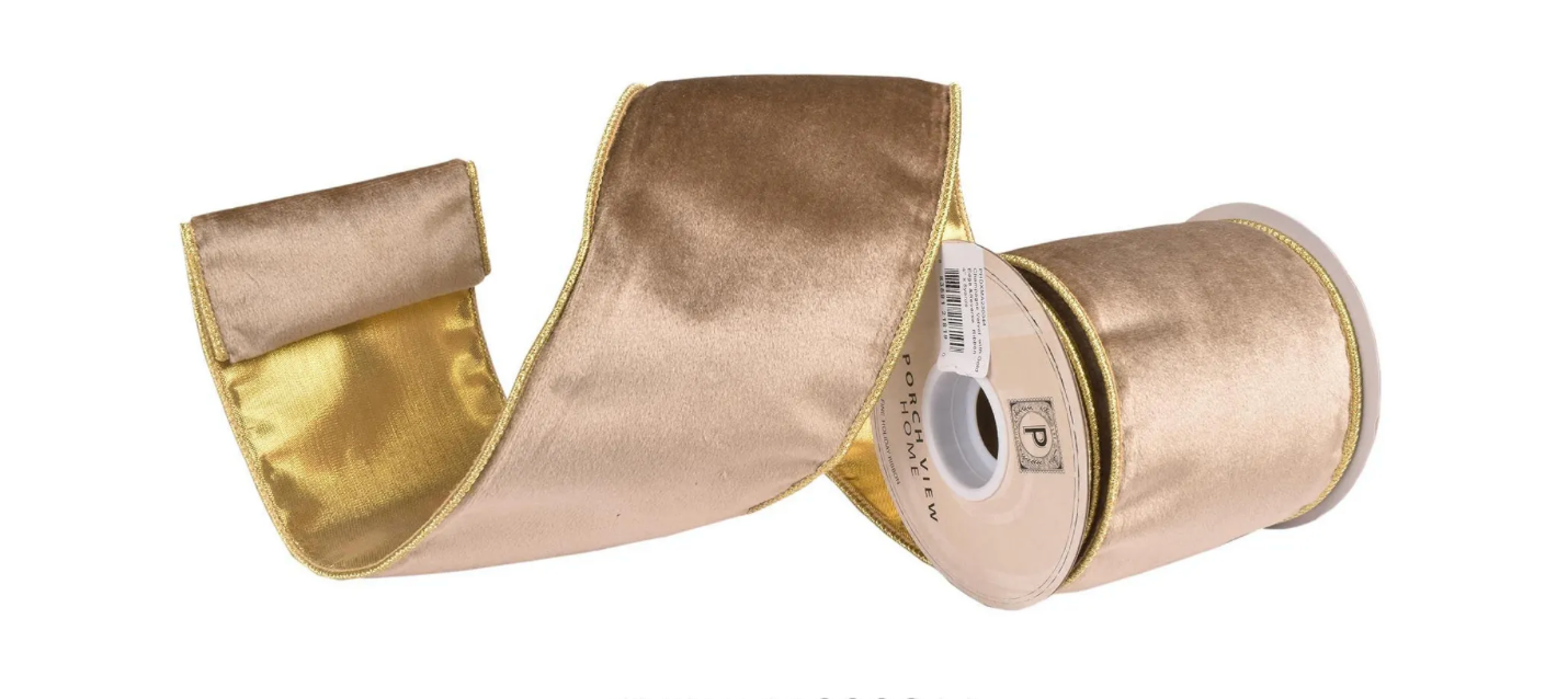 CHAMPAGNE VELVET WITH GOLD EDGE & REVERSE RIBBON 4"