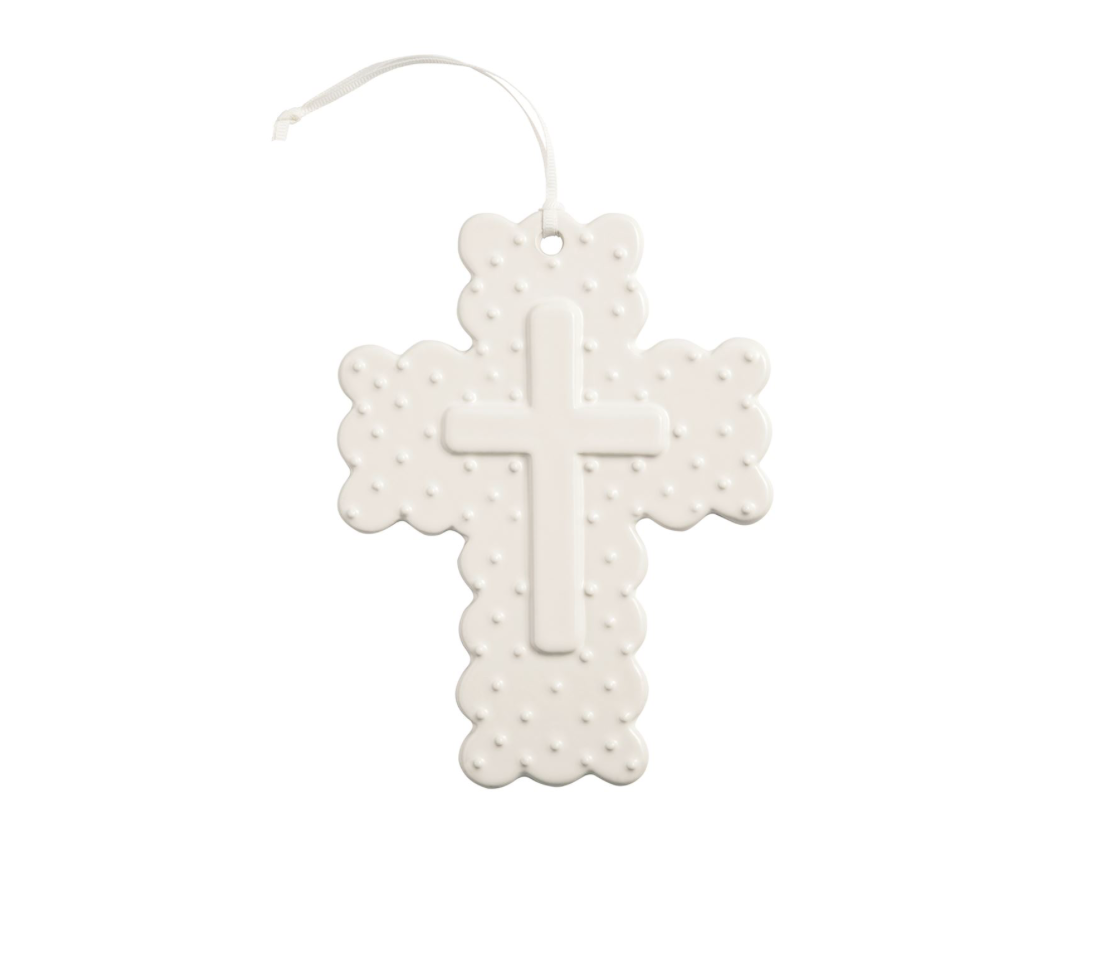 WHITE GINGHAM CERAMIC CROSS