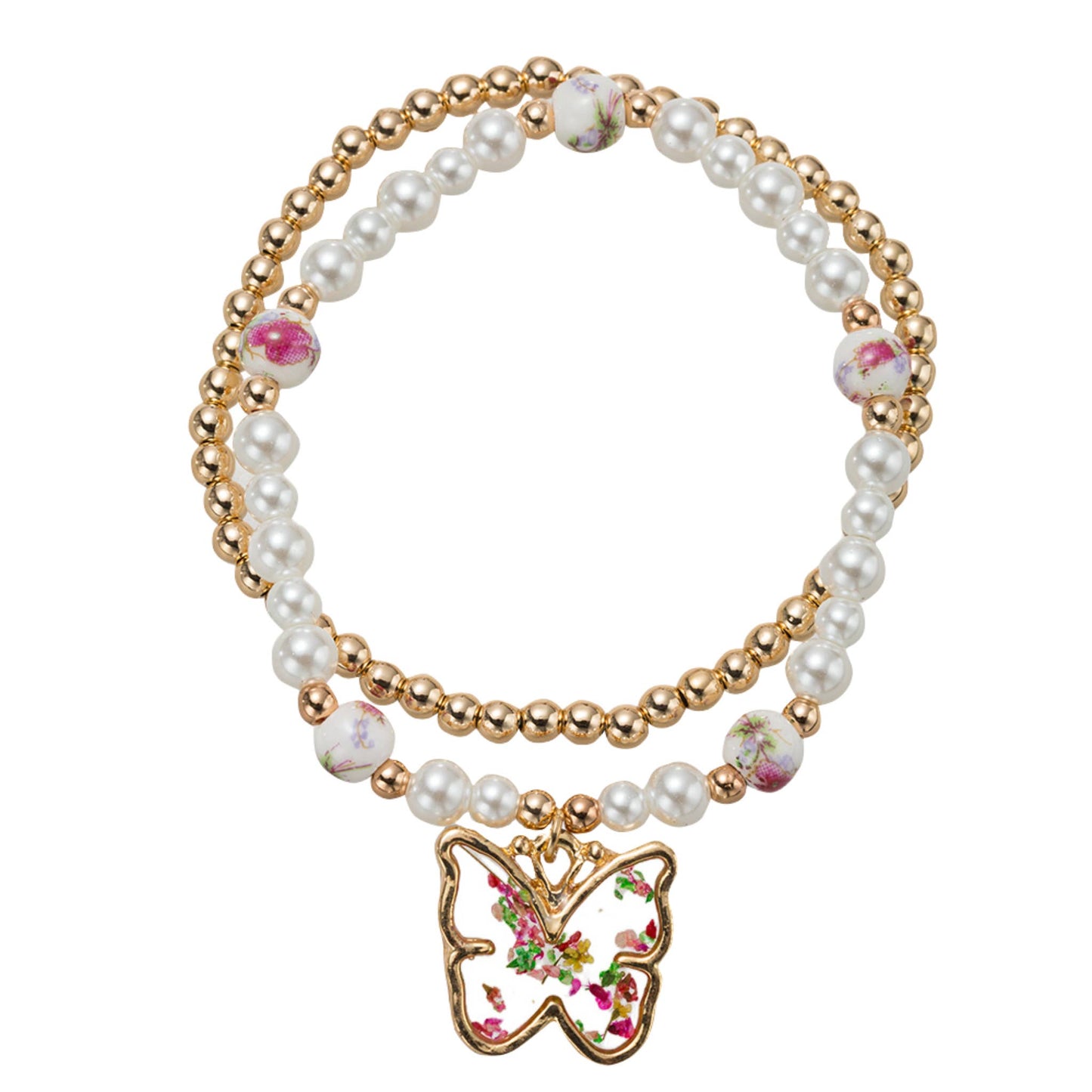 Kids Pink Floral Bead, Set of 2 Bracelet with Butterfly