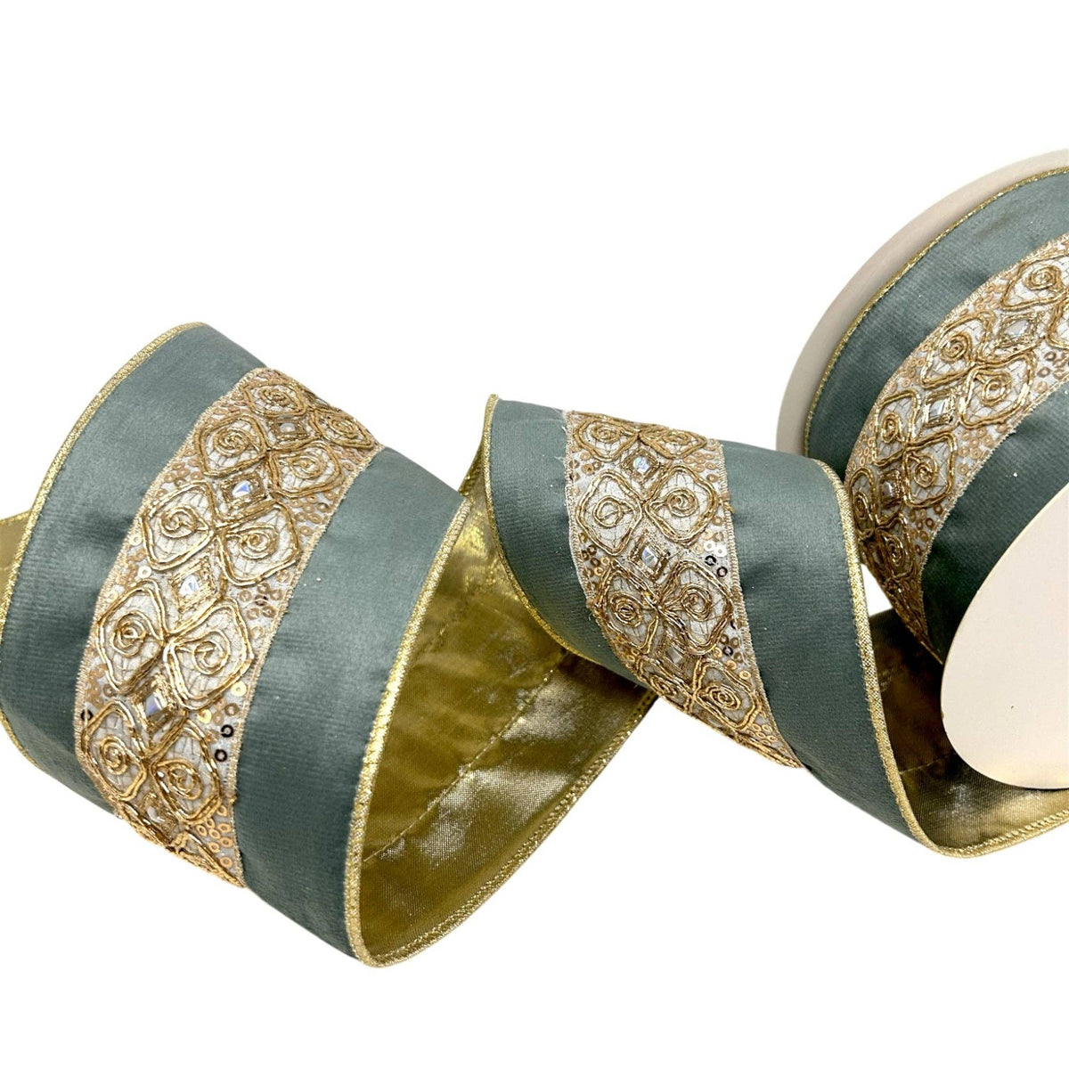 Soft Aqua & Embossed Gold Wired Christmas Ribbon – 4" x 10 Yards