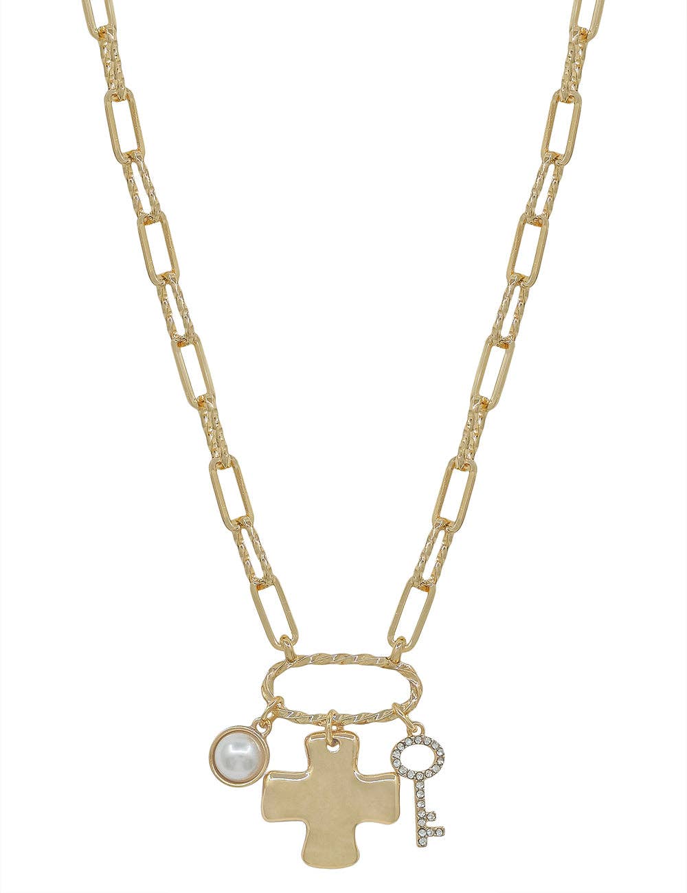 Gold Chain with Hammered Cross and Key Charms 16"-18" Necklace
