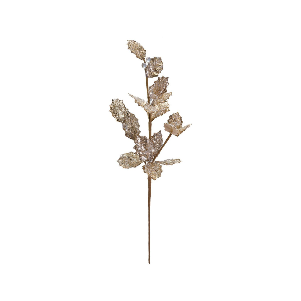 24"H Faux Leaf Stem with Beads & Glitter, Gold Color & Ice Finish