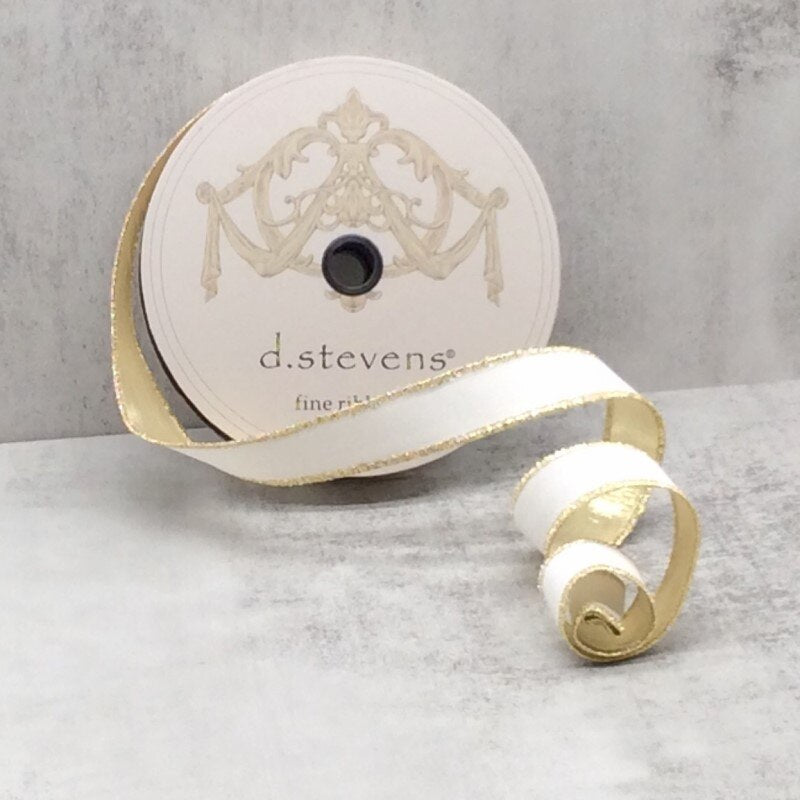 Flocked Velvet Metallic Gold Back Ribbon – White (1" x 25 yds)