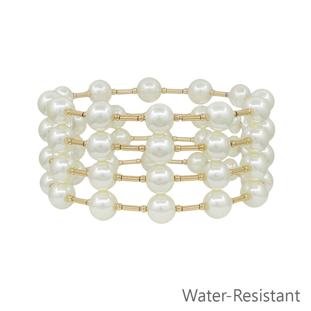 Water Resistant Set of 5 8MM Pearl and Gold Bar Stretch Bracelets