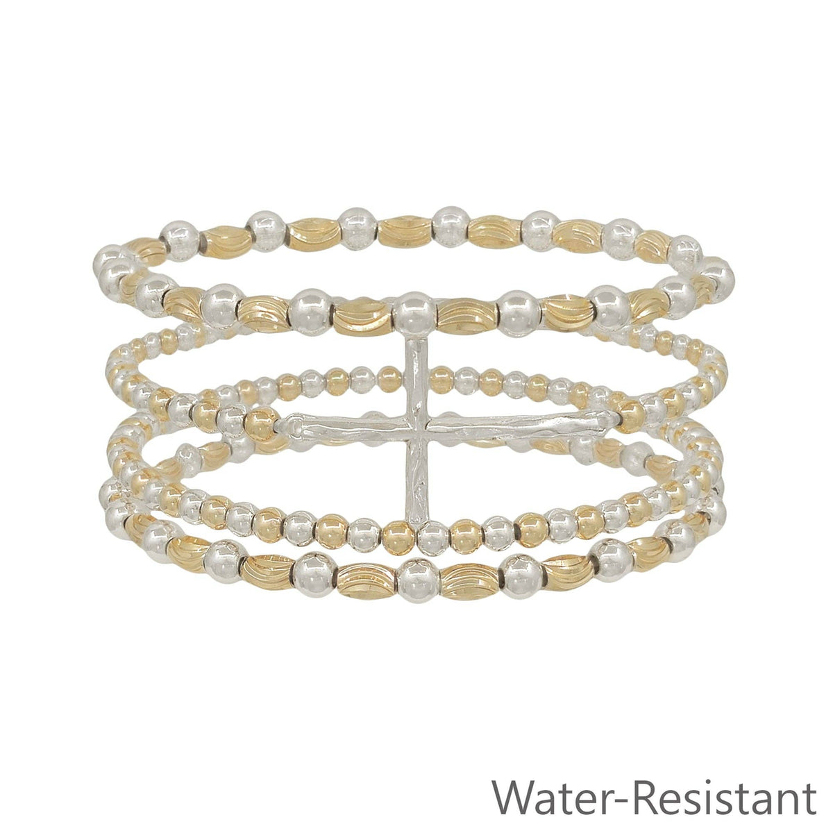 Water Resistant Set of 4 Gold and Silver Cross and 4MM Beaded Stretch Bracelets