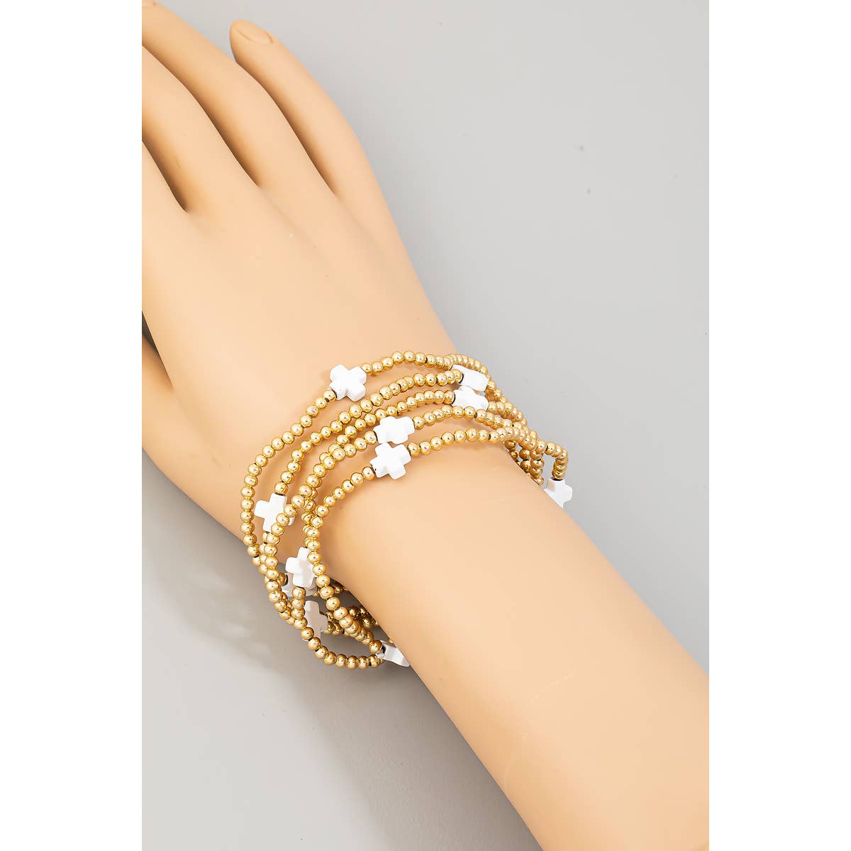 Cross And Metallic Beads Layered Bracelet: WHT
