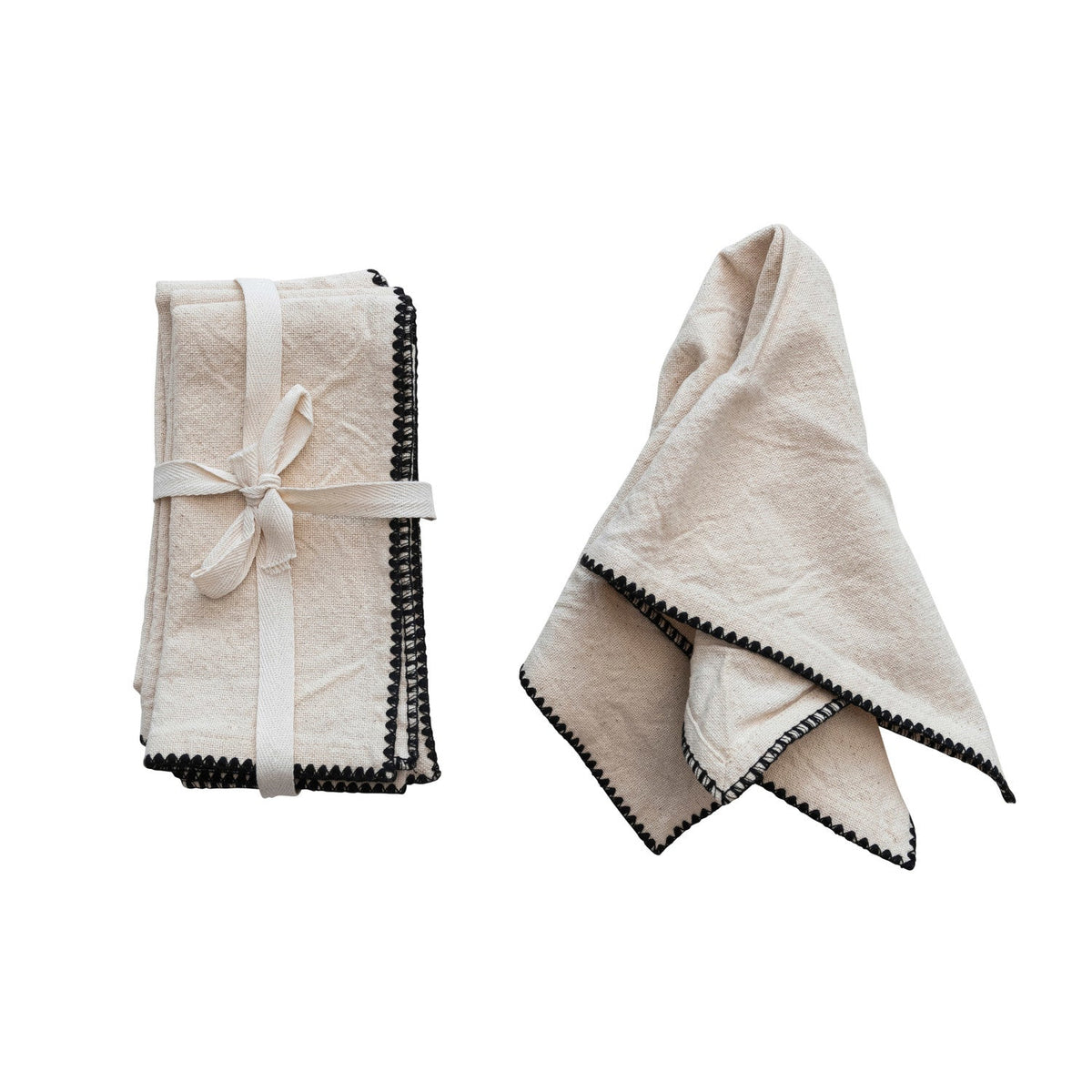 Cotton Napkins w/Edge Stitching Natural & Black Set of 4