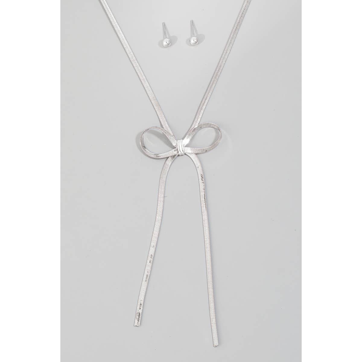 Metallic Flat Chain Ribbon Bow Pendant Necklace Set: GD