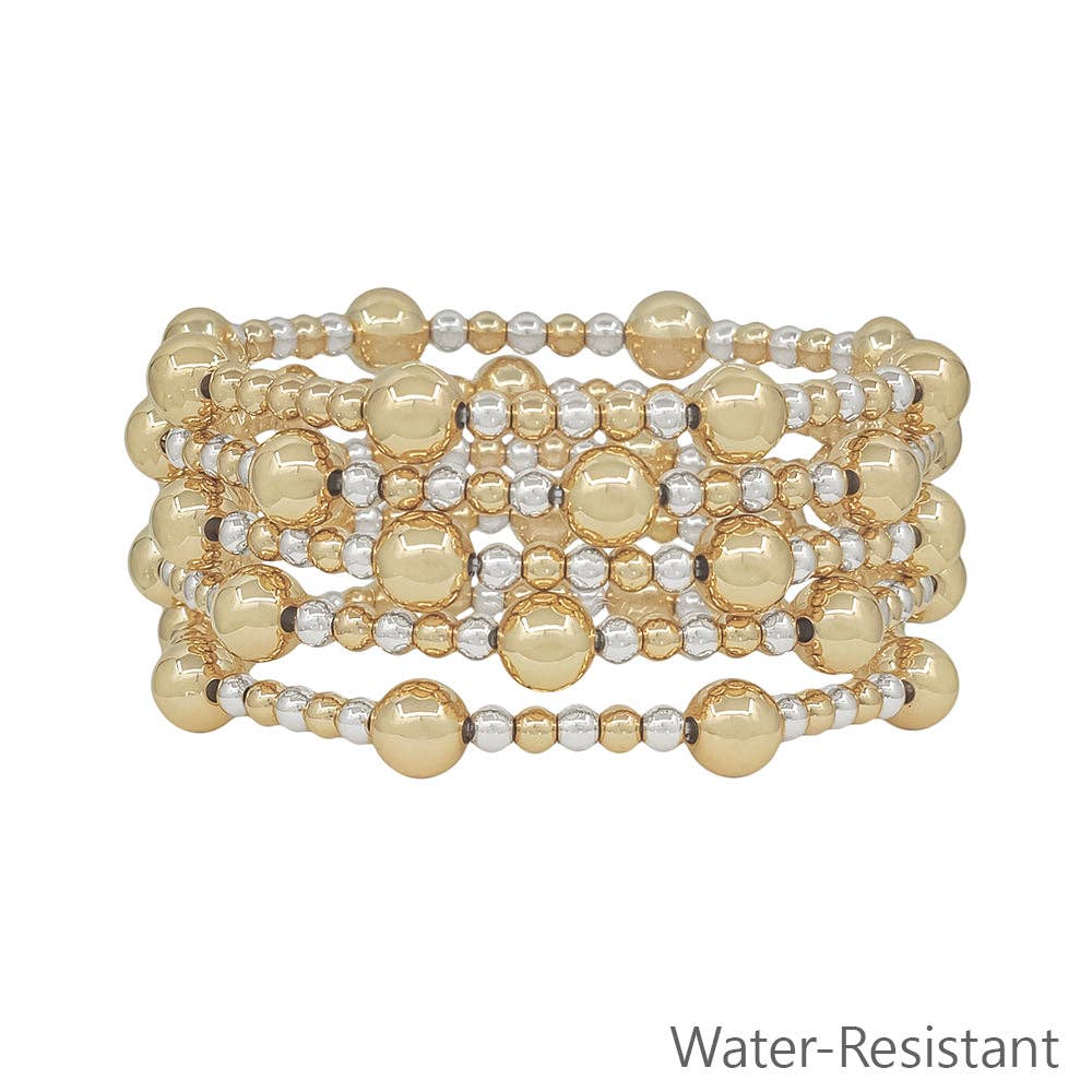 Water Resistant Set of 5 8MM & 4MM Gold and Silver Beaded Stretch Bracelets
