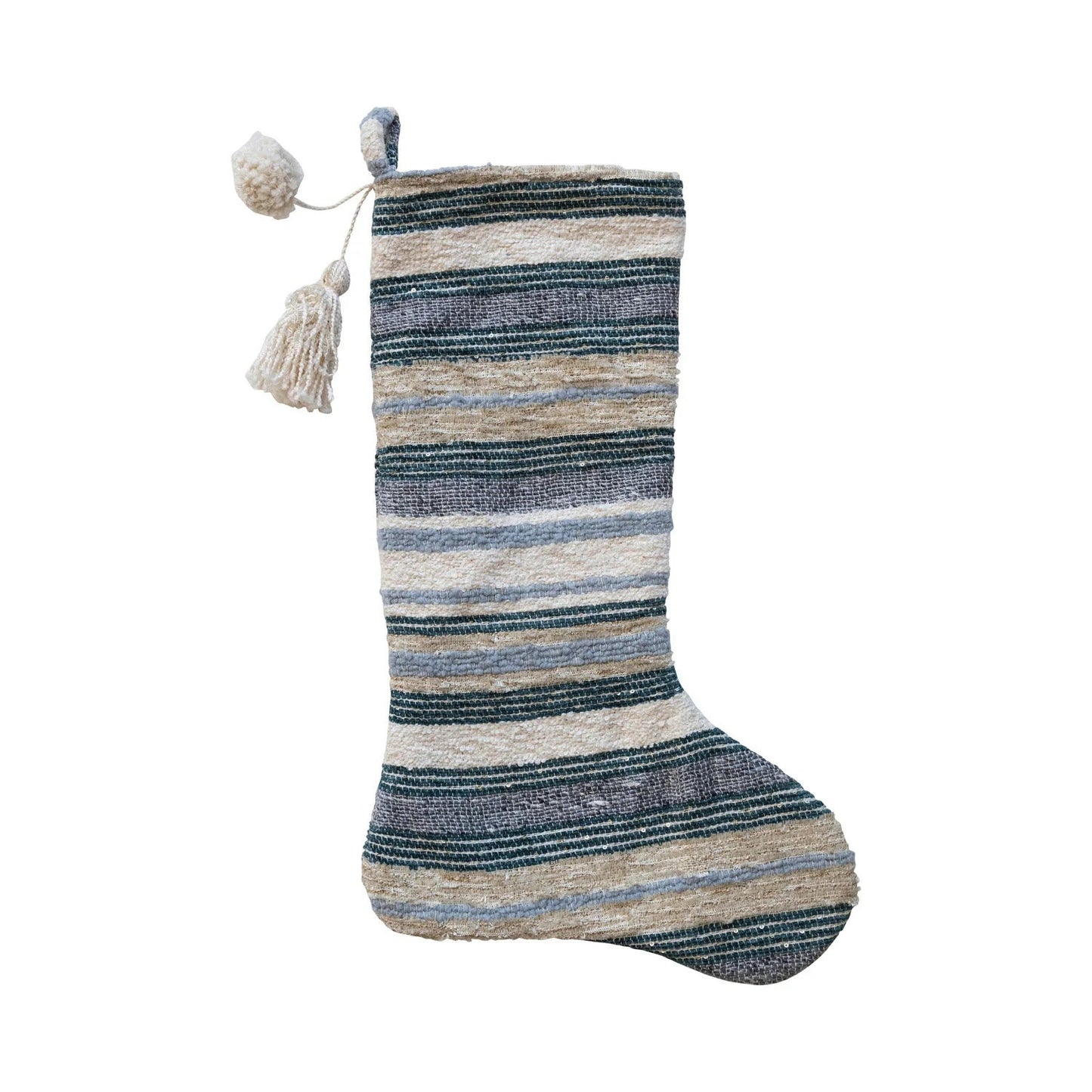 Stocking w/ Tufted Stripes, Sequins, Tassel & Pom Pom