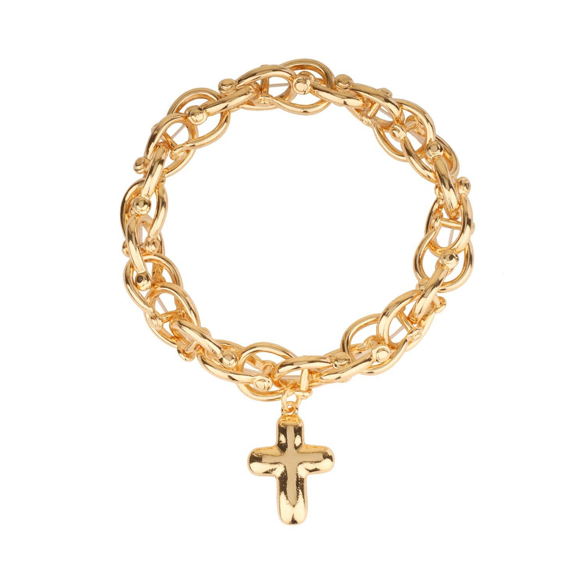 Gold Layered Metal Stretch Bracelet with Cross Charm Necklace