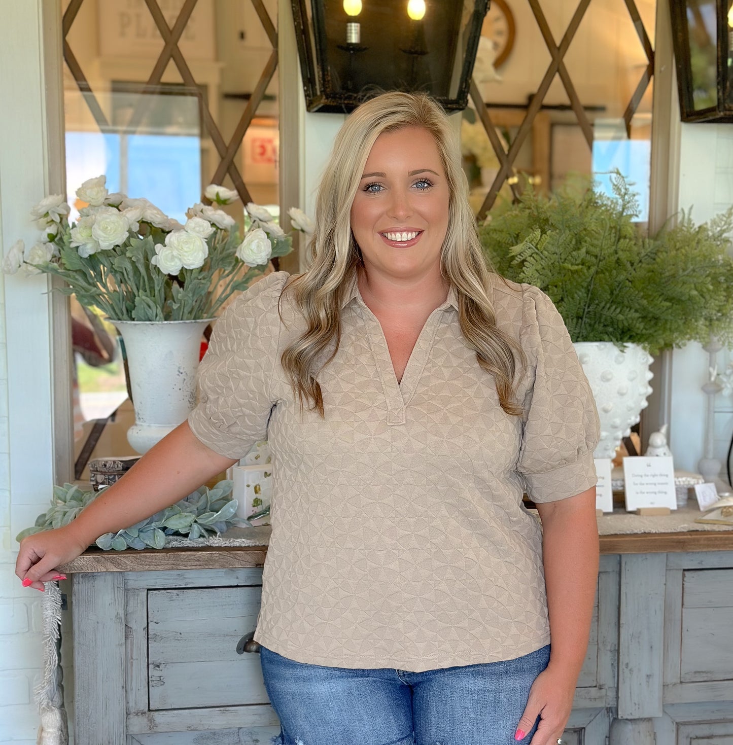 Taupe V-Neck Textured Collared Top