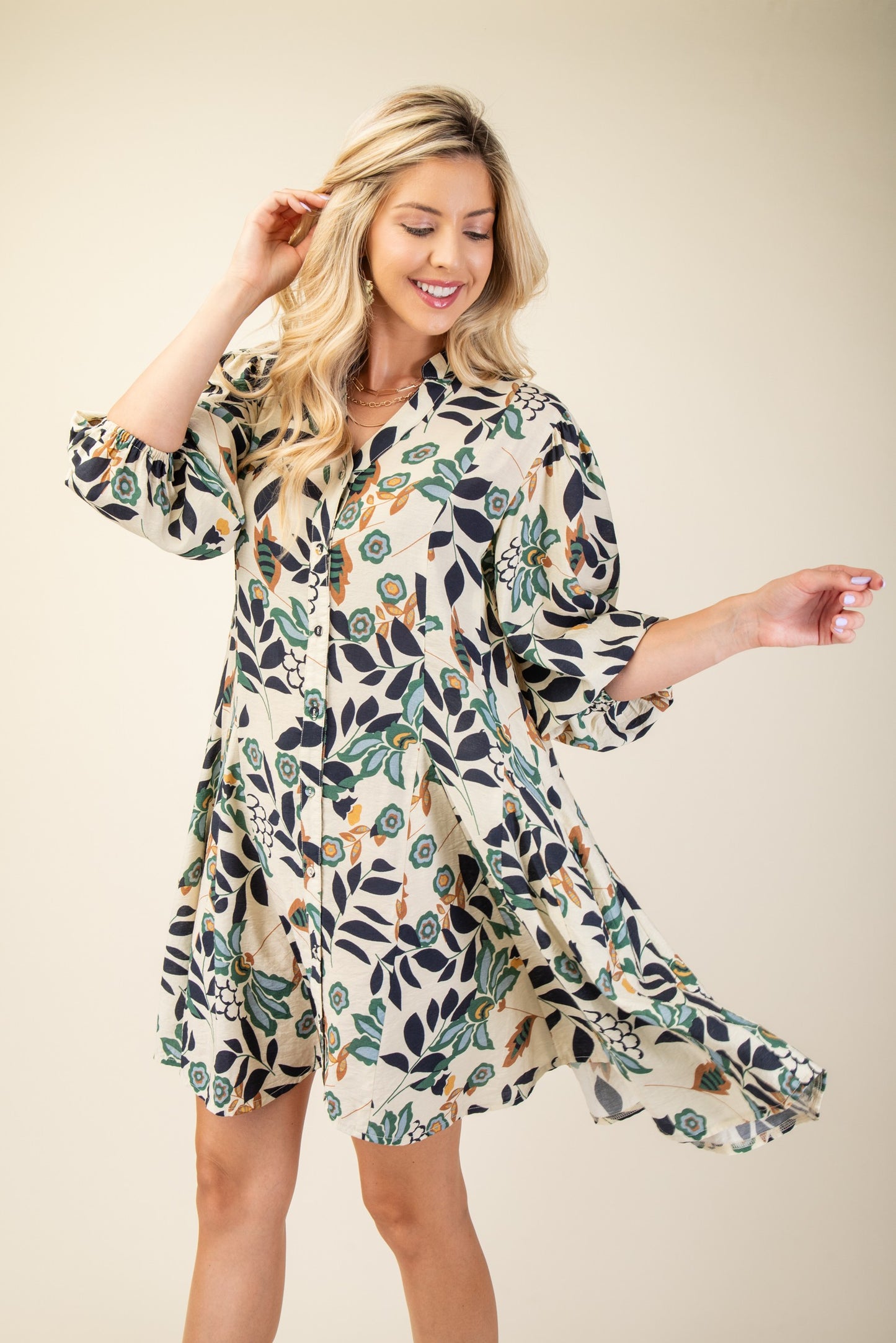 Navy mix Floral 3/4 Sleeve Shirt Dress