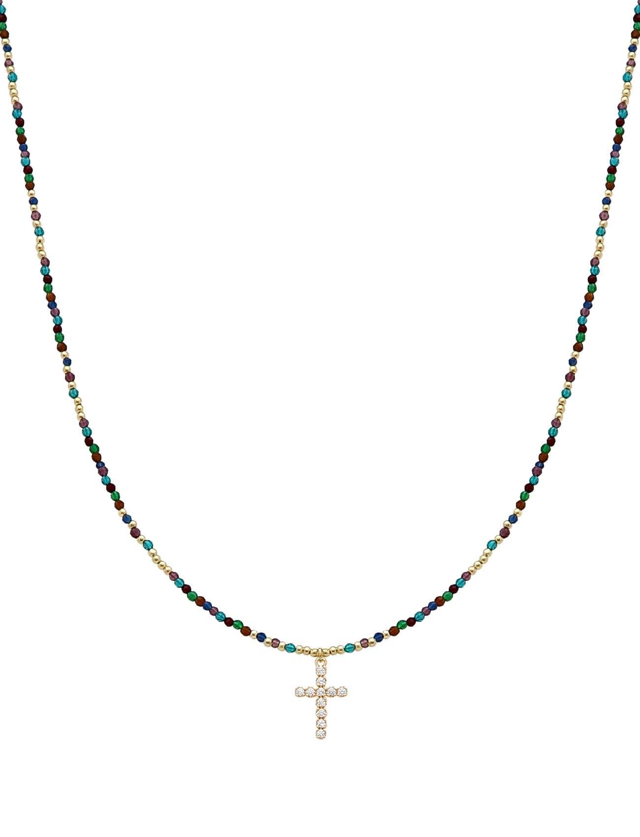 Dark Multi Crystal 16"-18" Necklace with Rhinestone Cross Detail