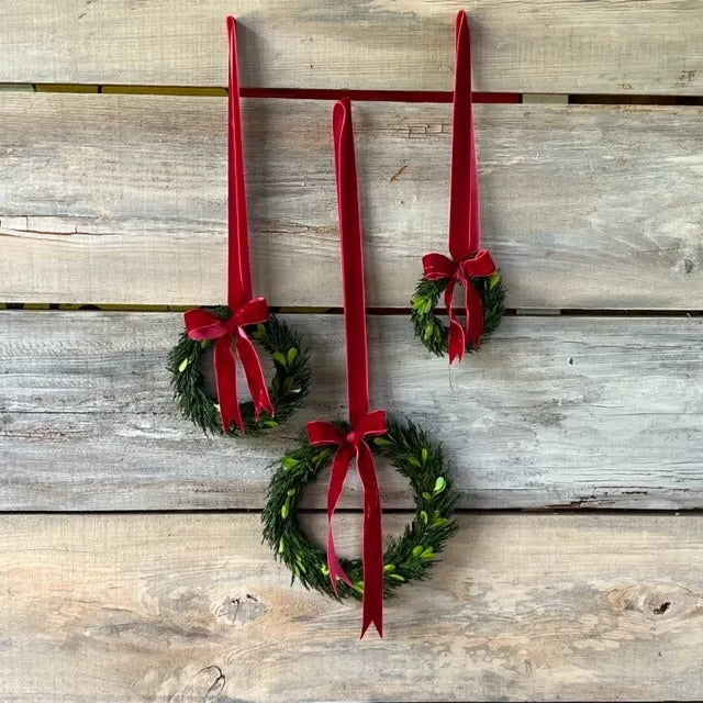 PRESERVED CEDAR AND BOXWOOD WREATHES WITH BURGUNDY RIBBON