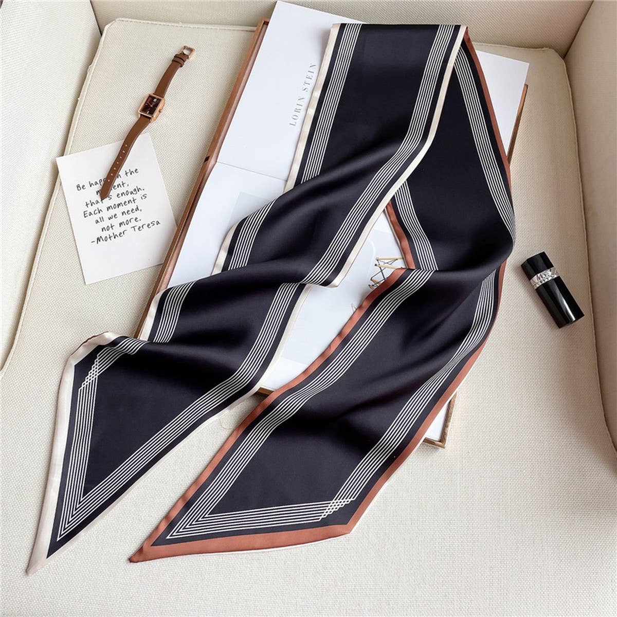 Thin Simple Geometric Long Silk Head Scarf | Black