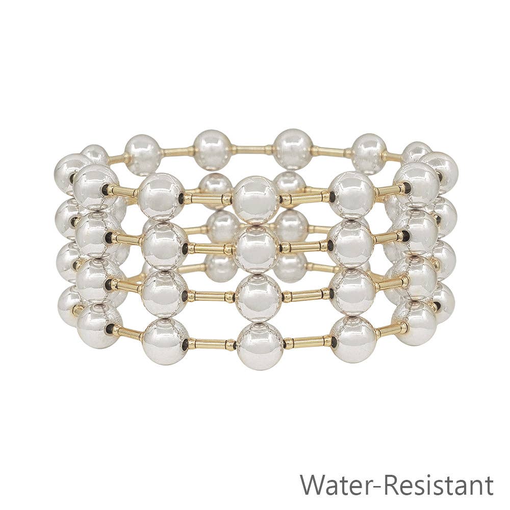 Water Resistant Set of 5 8MM Silver Beaded and Gold Bar Stretch Bracelets