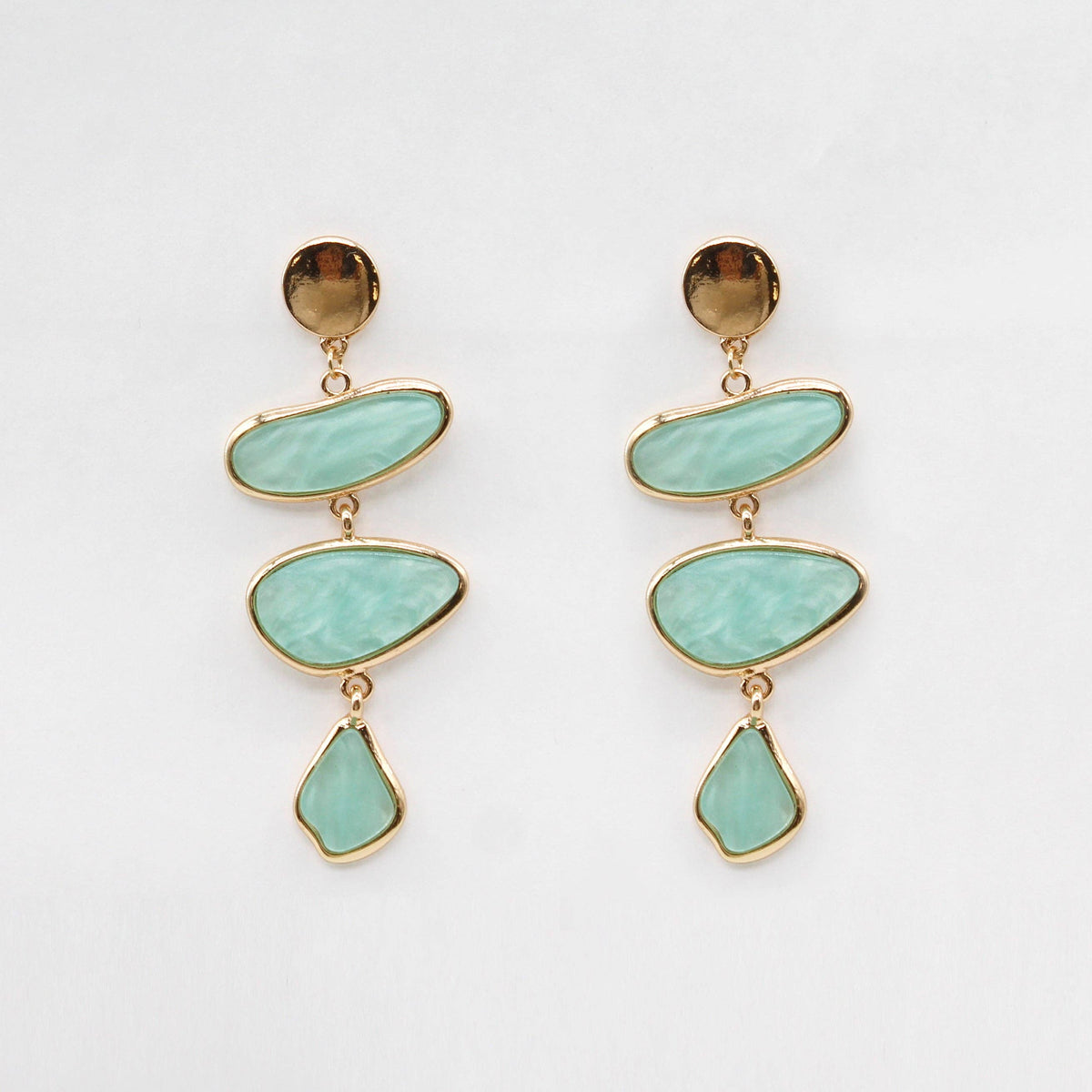Gold Circle with Mint Pearlized Triple Drop Resin 2.5" Earring
