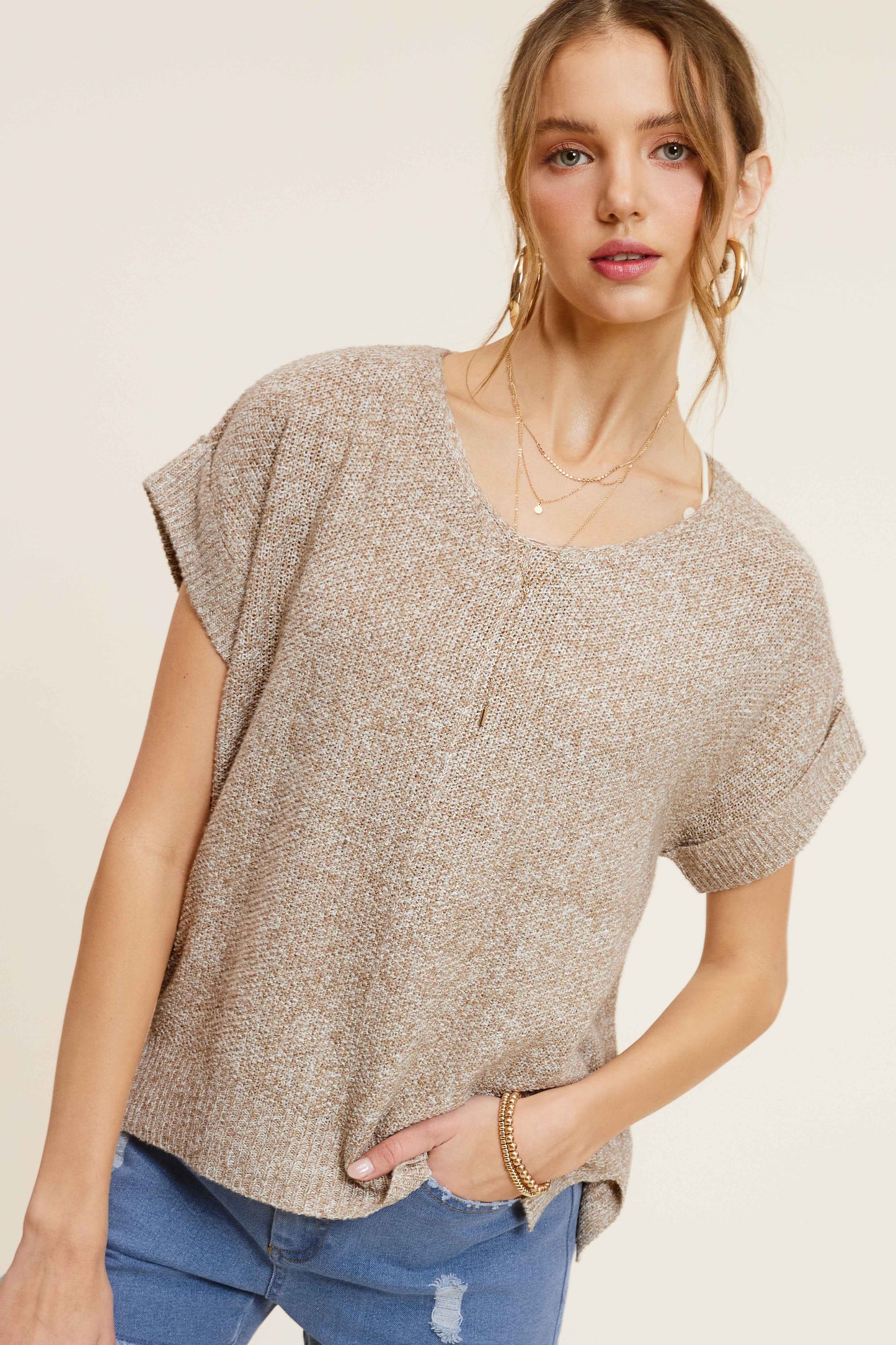 Taupe Loose Fit Textured Pullover Sweater