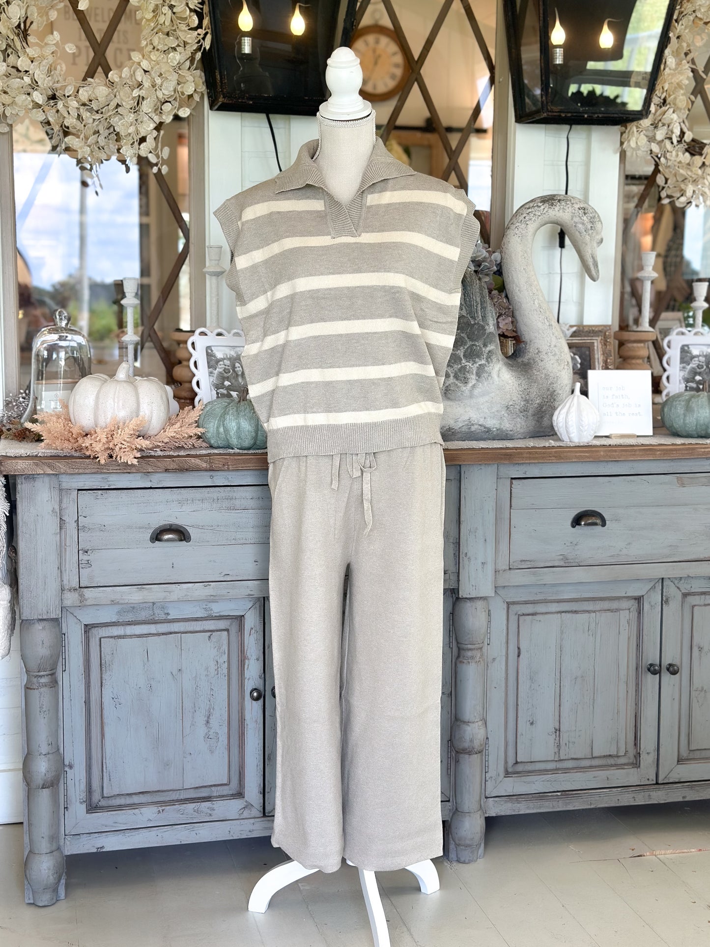 Drop Shoulder Striped Sweater Top - Taupe Grey Sold Separately