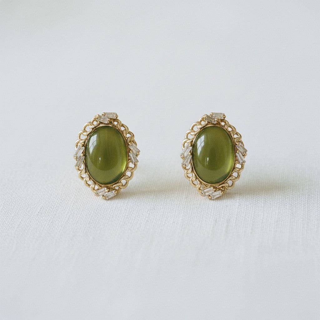 Olive Green Cat's Eye Stud Earrings