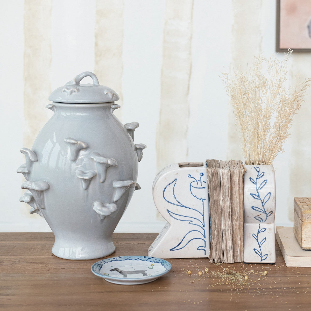 Terra-cotta Vases/Bookends w/ Hand-Painted Flower, Set of 2