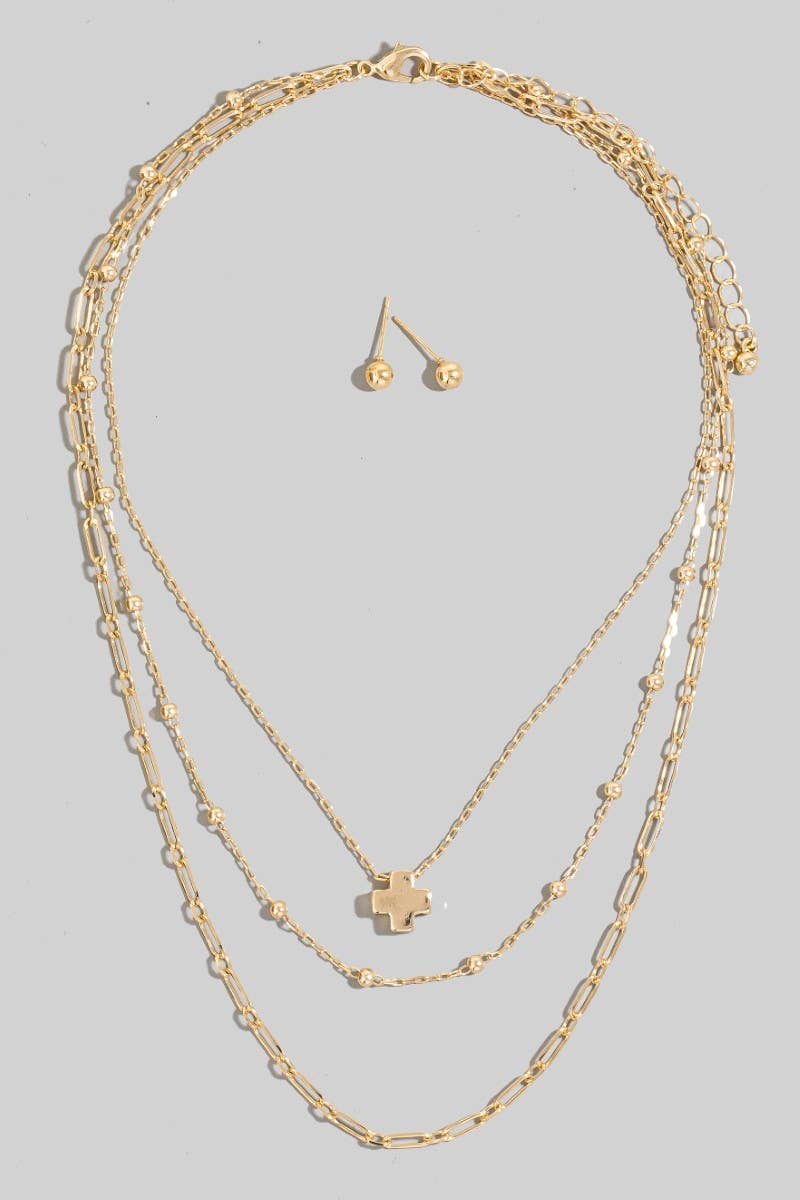Cross Pendant Layered Chains Necklace Set: GD
