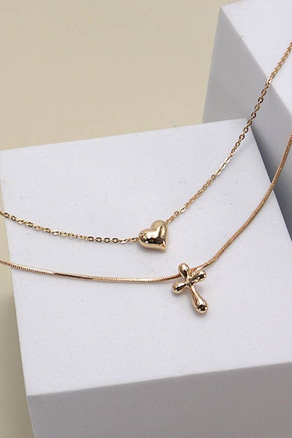 Gold Double Layer Chain Heart Cross Charm Necklace
