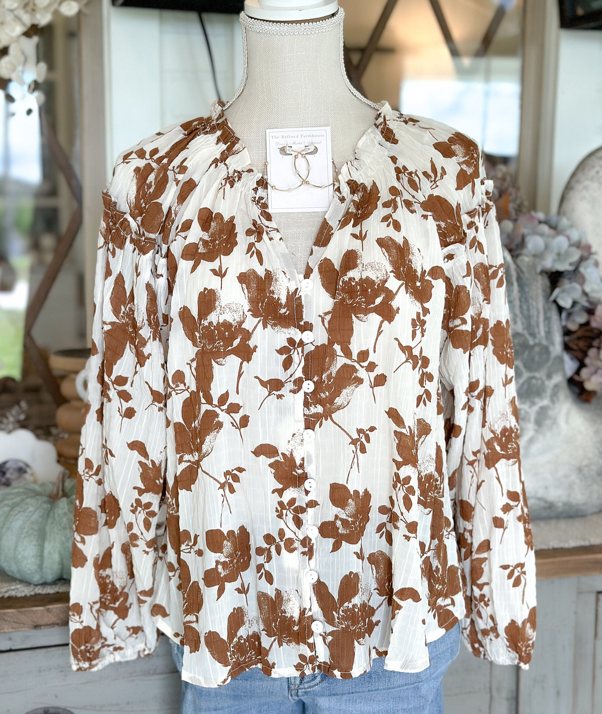 Floral Printed Crinkle Long Sleeve Blouse