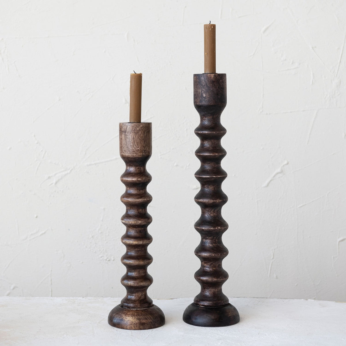 Hand Carved Mango Wood Taper Holder, Walnut Finish-MEDIUM