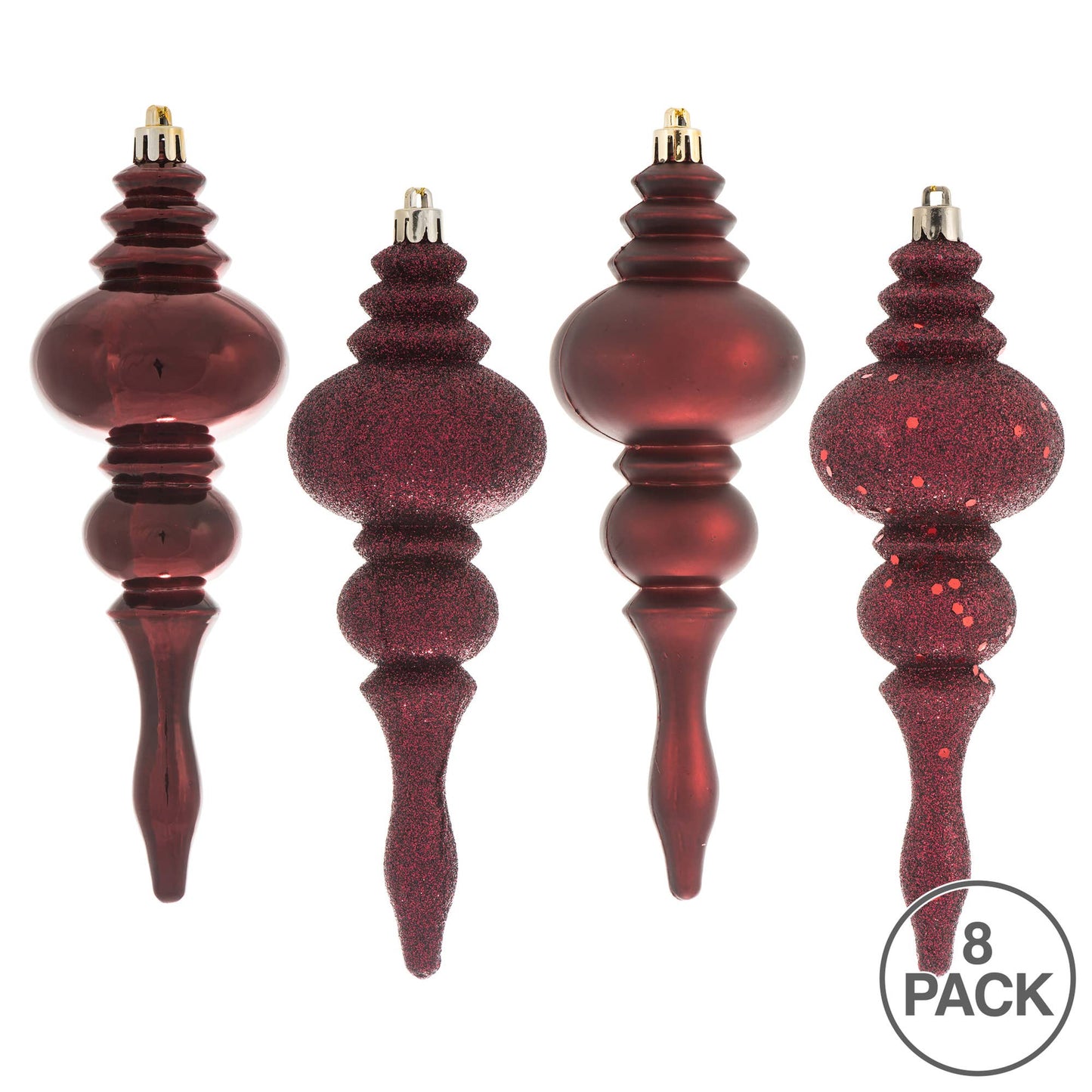 Vickerman 7" Burgundy 4-Finish Finial Ornament, 8 per Box: Burgundy, Plastic, 7"