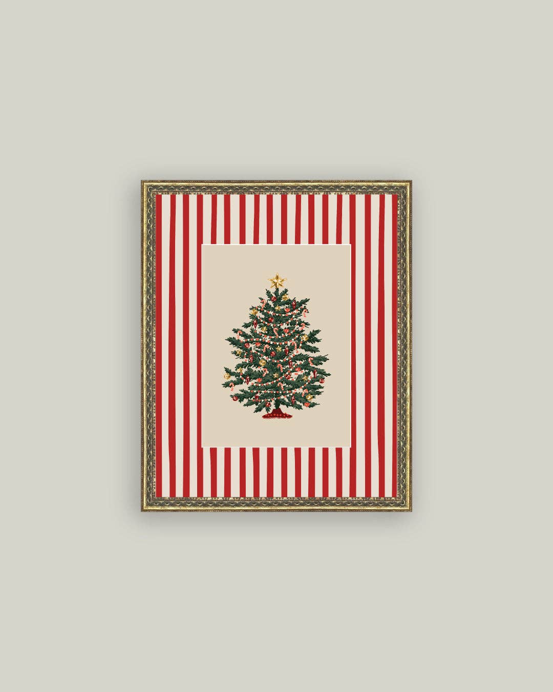 Peppermint Stripe Tree Framed Antique Art | 5x7