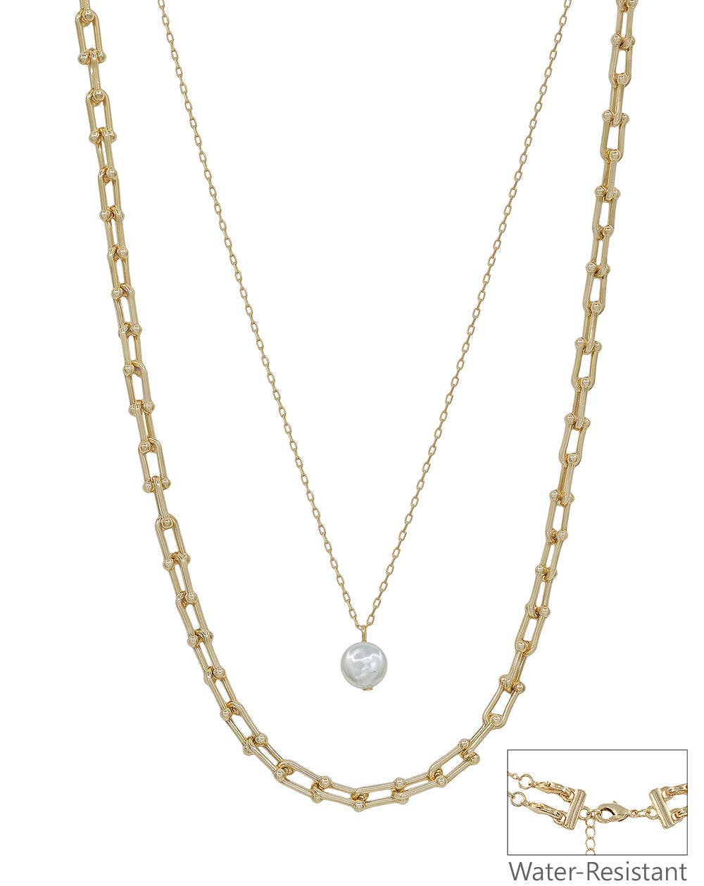 Water Resistant Thin Gold Chain with Coin Pearl 16"-18" Necklace