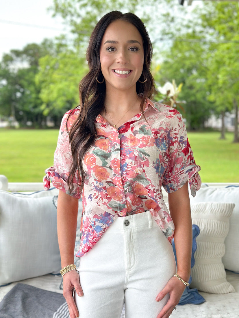 Pink Mix Floral Button Down Blouse