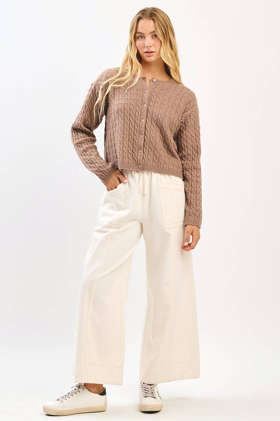 MINERAL WASH WIDE LEG ELASTIC WAIST TWILL PANTS: RED BEAN, S-M-L(2-2-2)