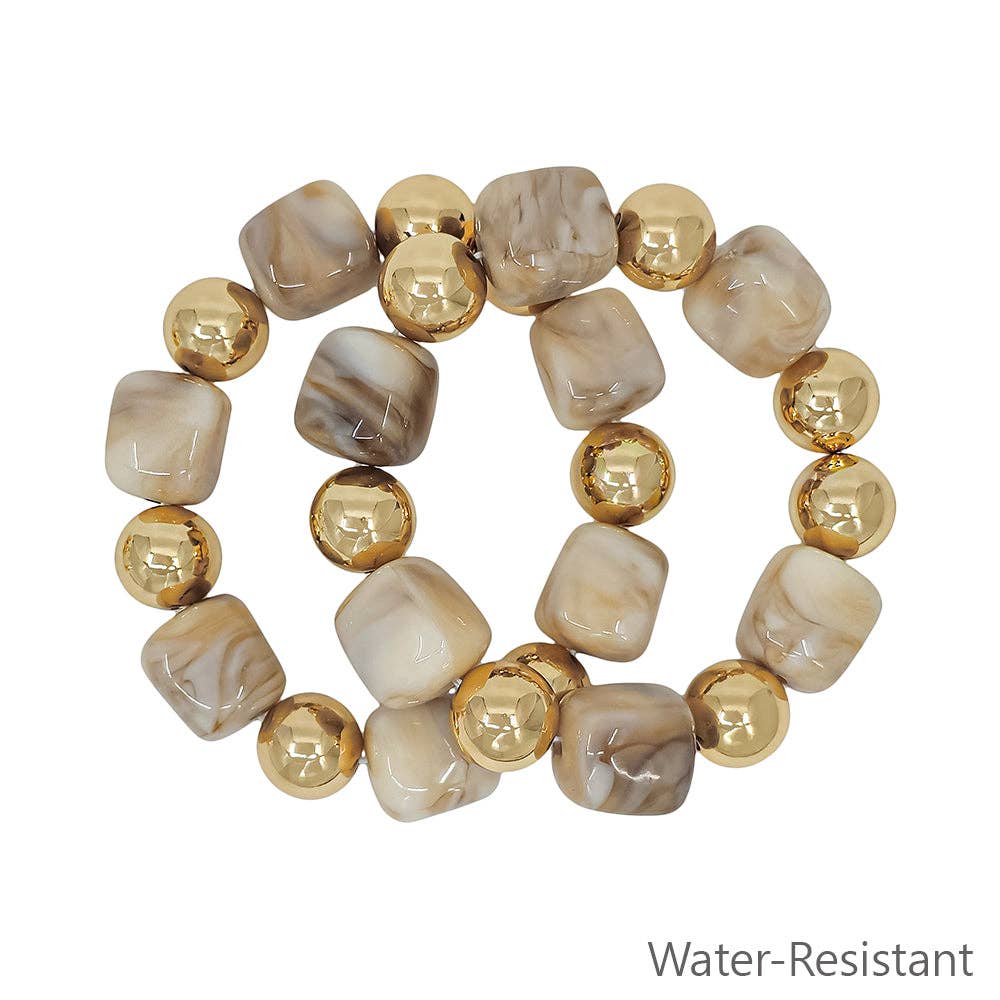 Water Resistant Set of 2 Gold and Natural 16mm and 14mm Stretch Bracelets