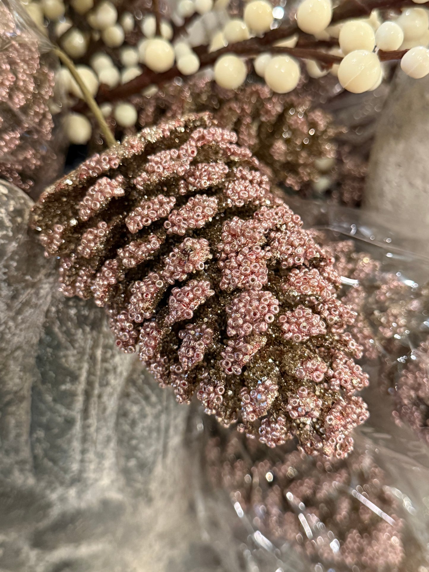24"H Faux Beaded Pinecone Stem with Glitter, Champagne Finish