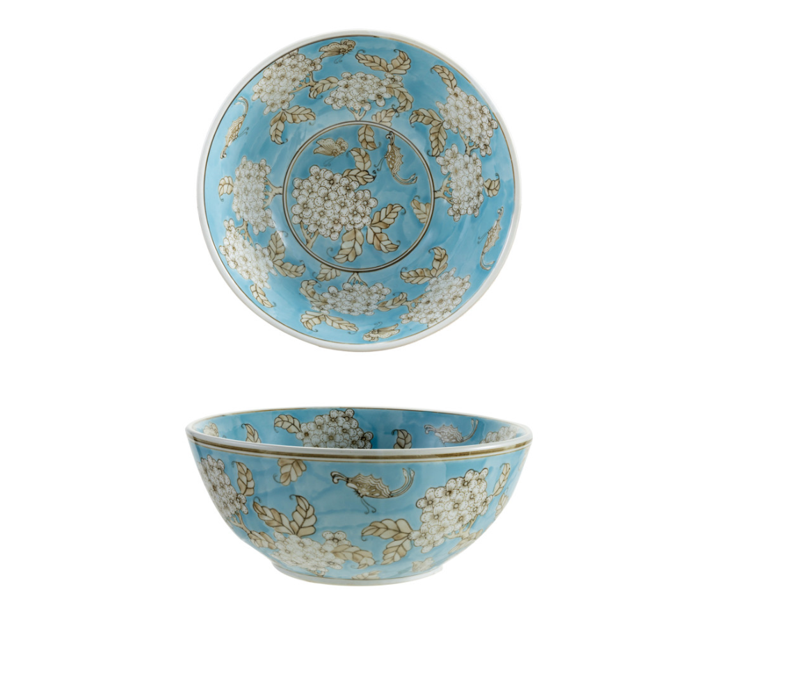 Hand-Painted Stoneware Serving Bowl with Cherry Blossoms, Blue, Brown & White