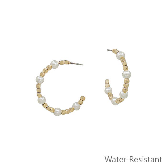 Gold Square Beaded with Pearl 1" Hoop Earring