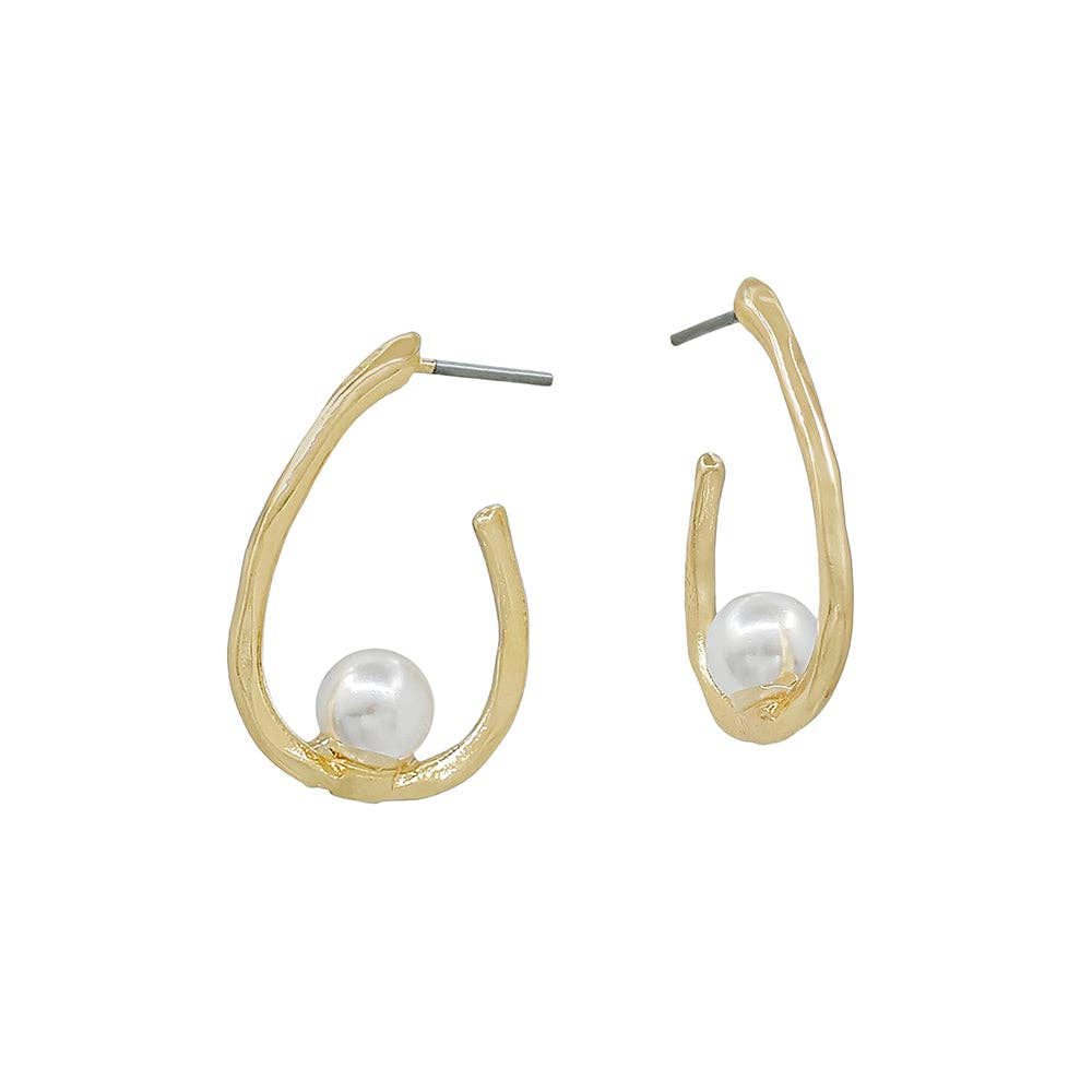 Gold Hammered Teardrop with Pearl .8" Hoop Earring